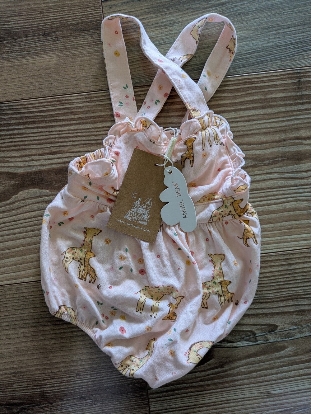 Angel Dear Pink Floral Giraffe Adjustable Sleeveless Ruffle Bamboo One Piece 3-6